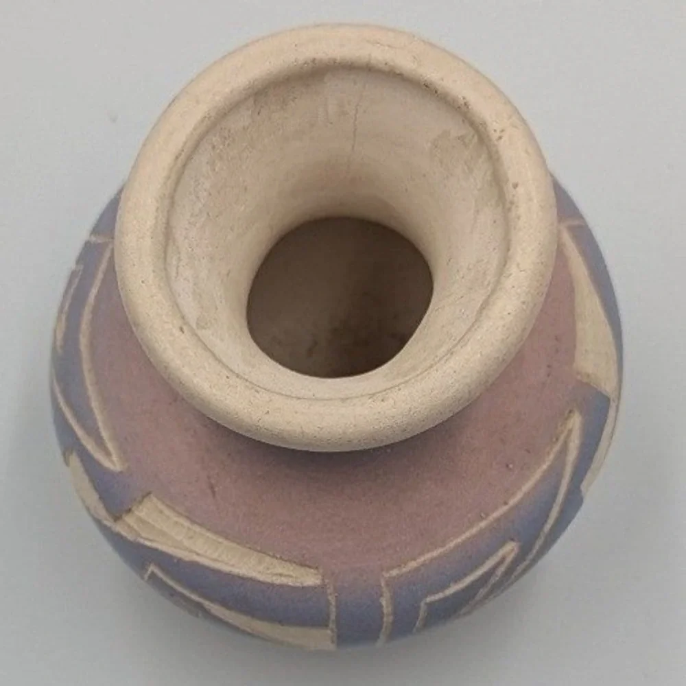 Navajo Pottery Vase Pink Blue Geometric Incised Vintage Small
